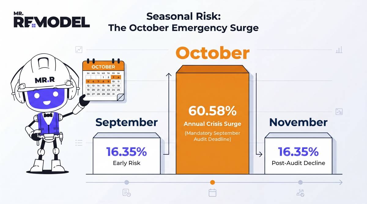 A clean, data-driven seasonal bar infographic visualizing the 60.58% annual emergency volume surge in October. It visually isolates the autumn transition, providing property owners with a clear "Audit Deadline" graphic that signals when the seasonal temperature shifts will begin stressing aging utility lines.
